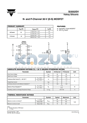 SI3552DV datasheet - N- and P-Channel 30-V (D-S) MOSFET