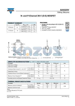 SI3552DV datasheet - N- and P-Channel 30-V (D-S) MOSFET