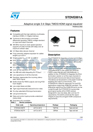 STDVE001AQTR datasheet - Adaptive single 3.4 Gbps TMDS/HDMI signal equalizer