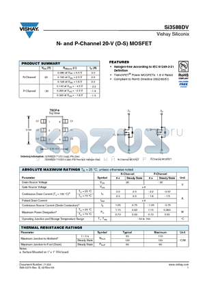 SI3588DV datasheet - N- and P-Channel 20-V (D-S) MOSFET