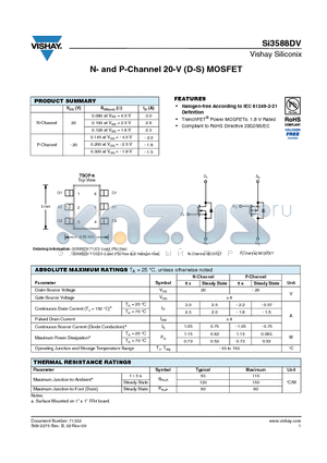 SI3588DV-T1-E3 datasheet - N- and P-Channel 20-V (D-S) MOSFET