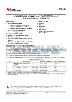 TPD2E001DRYR datasheet - LOW-CAPACITANCE 2-CHANNEL a15-kV ESD-PROTECTION ARRAY FOR HIGH-SPEED DATA INTERFACES