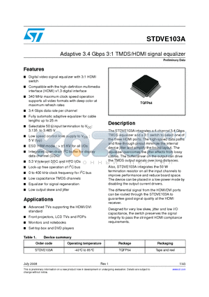 STDVE103A datasheet - Adaptive 3.4 Gbps 3:1 TMDS/HDMI signal equalizer