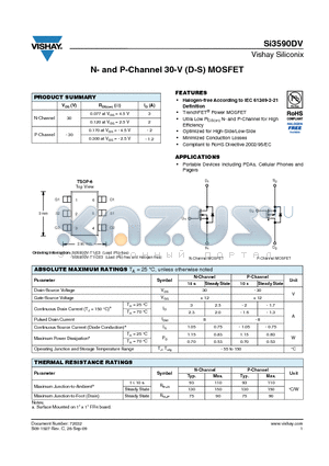 SI3590DV-T1-E3 datasheet - N- and P-Channel 30-V (D-S) MOSFET