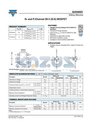 SI3590DV-T1-GE3 datasheet - N- and P-Channel 30-V (D-S) MOSFET