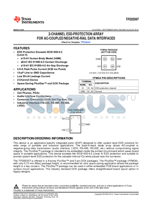 TPD2E007YFMR datasheet - 2-CHANNEL ESD-PROTECTION ARRAY FOR AC-COUPLED/NEGATIVE-RAIL DATA INTERFACES