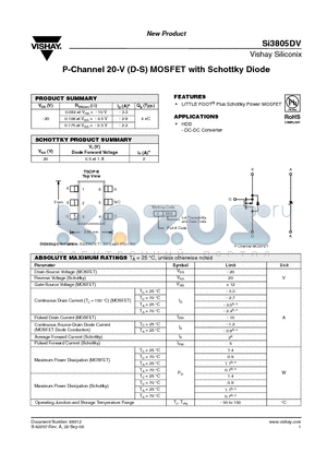 SI3805DV-T1-E3 datasheet - P-Channel 20-V (D-S) MOSFET with Schottky Diode