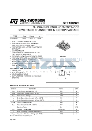 STE100N20 datasheet - N - CHANNEL ENHANCEMENT MODE POWER MOS TRANSISTOR IN ISOTOP PACKAGE