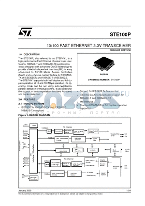 STE100P datasheet - 10/100 FAST ETHERNET 3.3V TRANSCEIVER