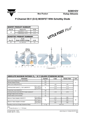 SI3851DV datasheet - P-Channel 30-V (D-S) MOSFET With Schottky Diode