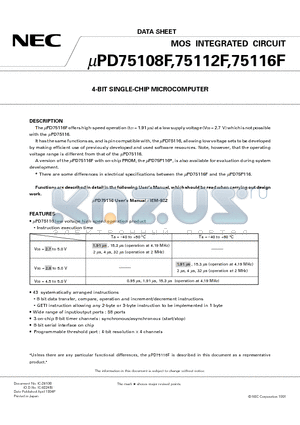 UPD75116F datasheet - 4-BIT SINGLE-CHIP MICROCOMPUTER