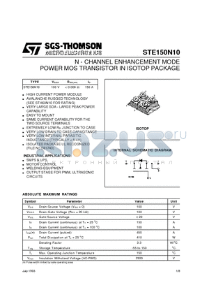 STE150N10 datasheet - N - CHANNEL ENHANCEMENT MODE POWER MOS TRANSISTOR IN ISOTOP PACKAGE