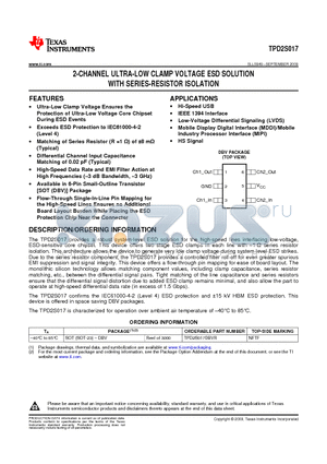 TPD2S017 datasheet - 2-CHANNEL ULTRA-LOW CLAMP VOLTAGE ESD SOLUTION WITH SERIES-RESISTOR ISOLATION