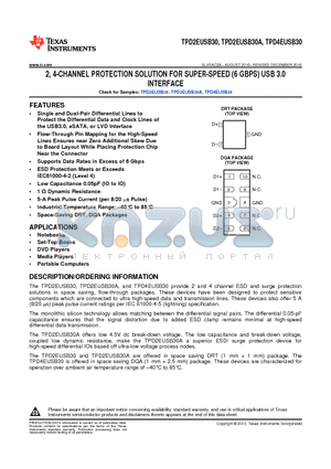 TPD2EUSB30ADRTR datasheet - 2, 4-CHANNEL PROTECTION SOLUTION FOR SUPER-SPEED (6 GBPS) USB 3.0 INTERFACE