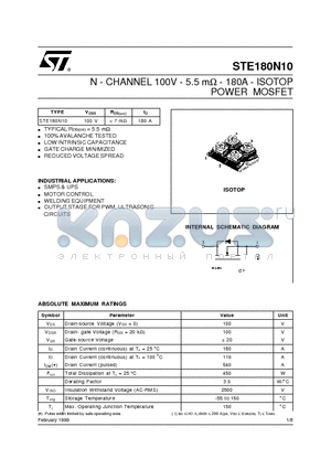 STE180N10 datasheet - N - CHANNEL 100V - 5.5 mohm - 180A - ISOTOP POWER MOSFET