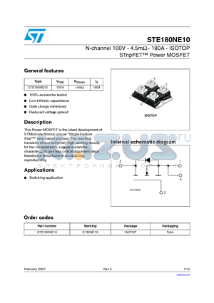 STE180NE10 datasheet - N-channel 100V - 4.5mY - 180A - ISOTOP STripFET Power MOSFET