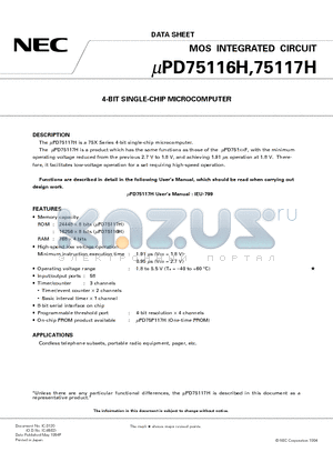 UPD75117HGK datasheet - 4-BIT SINGLE-CHIP MICROCOMPUTER