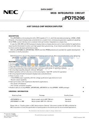 UPD75206 datasheet - 4-BIT SINGLE-CHIP MICROCOMPUTER