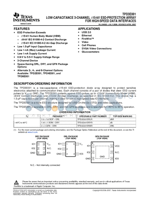 TPD3E001DRSR datasheet - LOW-CAPACITANCE 3-CHANNEL a15-kV ESD-PROTECTION ARRAY FOR HIGH-SPEED DATA INTERFACES