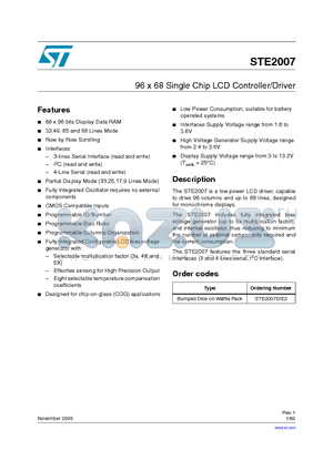 STE2007 datasheet - 96 x 68 Single Chip LCD Controller/Driver