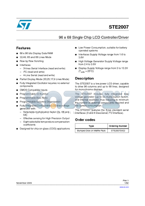 STE2007DIE2 datasheet - 96 x 68 Single Chip LCD Controller/Driver