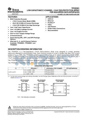 TPD3E001DRLR datasheet - LOW-CAPACITANCE 3-CHANNEL a15-kV ESD-PROTECTION ARRAY FOR HIGH-SPEED DATA INTERFACES