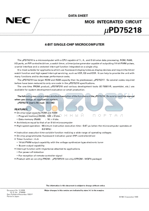 UPD75218 datasheet - 4-BIT SINGLE-CHIP MICROCOMPUTER