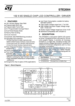 STE2004DIE2 datasheet - 102 X 65 SINGLE CHIP LCD CONTROLLER / DRIVER