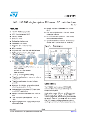 STE2028 datasheet - 162 x 130 RGB single-chip true 262k color LCD controller driver