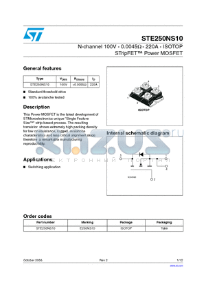 STE250NS10 datasheet - N-channel 100V - 0.0045Y - 220A - ISOTOP STripFET Power MOSFET