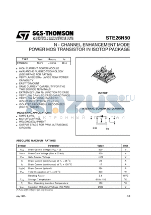 STE26N50 datasheet - N - CHANNEL ENHANCEMENT MODE POWER MOS TRANSISTOR IN ISOTOP PACKAGE