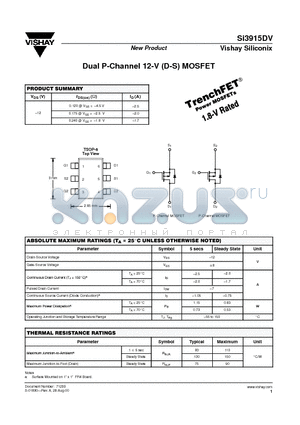 SI3915DV datasheet - Dual P-Channel 12-V (D-S) MOSFET