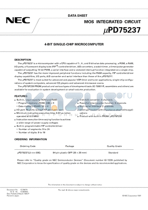 UPD75237 datasheet - 4-BIT SINGLE-CHIP MICROCOMPUTER