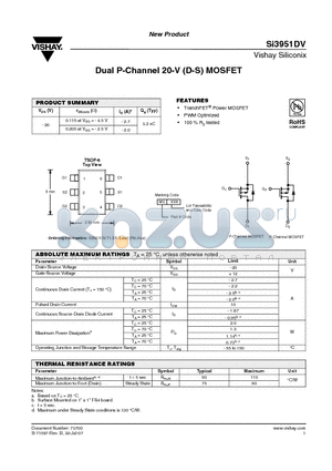 SI3951DV-T1-E3 datasheet - Dual P-Channel 20-V (D-S) MOSFET