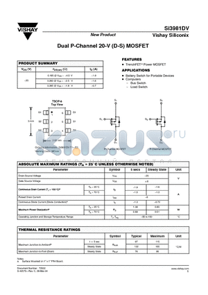 SI3981DV datasheet - Dual P-Channel 20-V (D-S) MOSFET