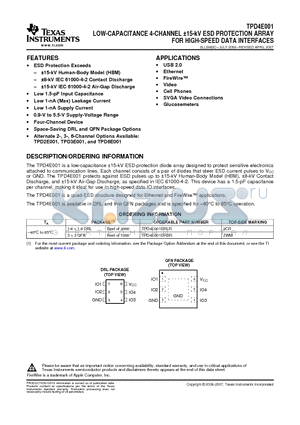 TPD4E001 datasheet - LOW-CAPACITANCE 4-CHANNEL a15-kV ESD PROTECTION ARRAY FOR HIGH-SPEED DATA INTERFACES