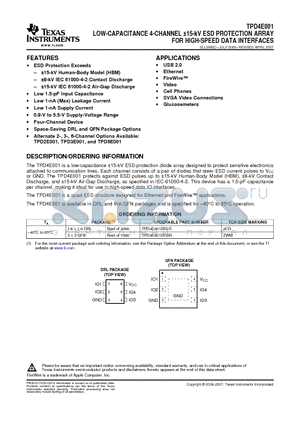 TPD4E001DRLR datasheet - LOW-CAPACITANCE 4-CHANNEL a15-kV ESD PROTECTION ARRAY FOR HIGH-SPEED DATA INTERFACES