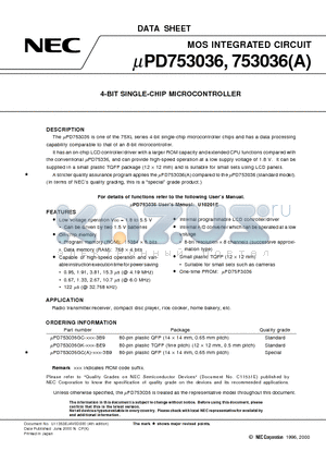 UPD753036GC datasheet - 4-BIT SINGLE-CHIP MICROCONTROLLER