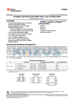 TPD4E001DBVR datasheet - 4-CHANNEL ESD PROTECTION ARRAY WITH 1.5-pF IO CAPACITANCE