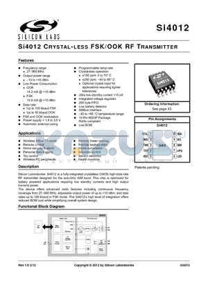 SI4012-A0-GT datasheet - CRYSTAL-LESS RF TRANSMITTER