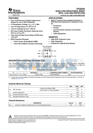 TPD4E002DRLR datasheet - QUAD LOW-CAPACITANCE ARRAY WITH a15-kV ESD PROTECTION