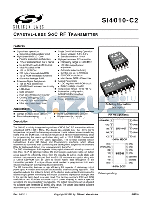 SI4010-C2 datasheet - CRYSTAL-LESS SOC RF TRANSMITTER
