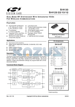 SI4112 datasheet - DUAL-BAND RF SYNTHESIZER WITH INTEGRATED VCOS FOR WIRELESS COMMUNICATIONS