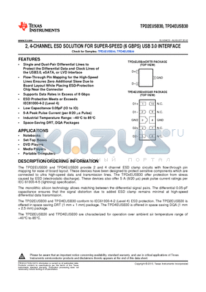 TPD4EUSB30 datasheet - 2, 4-CHANNEL ESD SOLUTION FOR SUPER-SPEED (6 GBPS) USB 3.0 INTERFACE