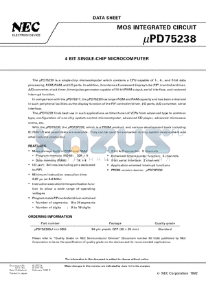 UPD75238 datasheet - 4 BIT SINGLE-CHIP MICROCOMPUTER