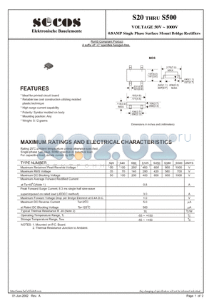 S250 datasheet - VOLTAGE 50V ~ 1000V 0.8AMP Single Phase Surface Mount Bridge Rectifiers
