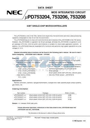 UPD753208GT datasheet - 4-BIT SINGLE-CHIP MICROCONTROLLERS