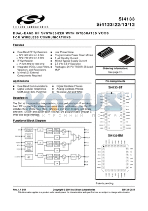 SI4123 datasheet - DUAL-BAND RF SYNTHESIZER WITH INTEGRATED VCOS FOR WIRELESS COMMUNICATIONS