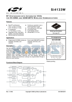 SI4133W datasheet - RF SYNTHESIZER WITH INTEGRATED VCOS FOR W-CDMA AND GSM/UMTS WIRELESS COMMUNICATIONS