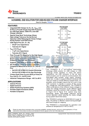 TPD4S012DRYR datasheet - 4-CHANNEL ESD SOLUTION FOR USB-HS/USB OTG/USB CHARGER INTERFACE